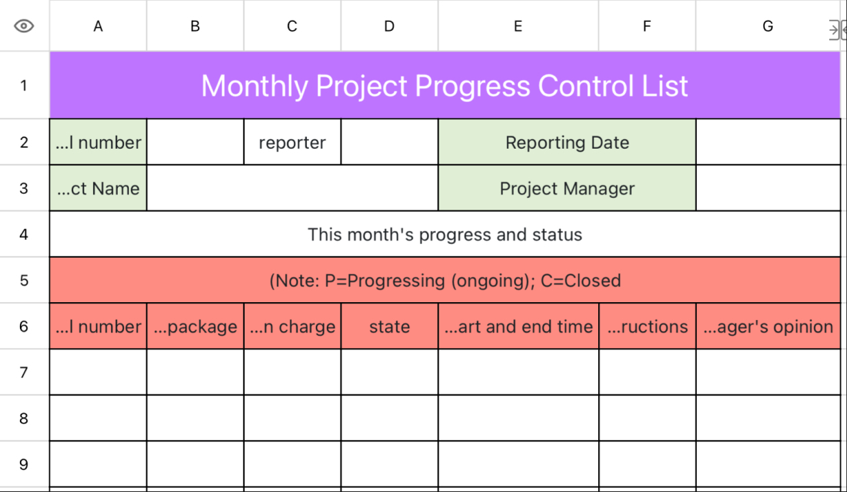 Monthly Project Progress Control List